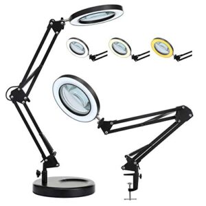 5x magnifying glass with light and stand, kirkas 2-in-1 real glass lens magnifying desk lamp with clamp, 3 color modes, stepless dimmable magnifier light for close work repair reading crafts- black