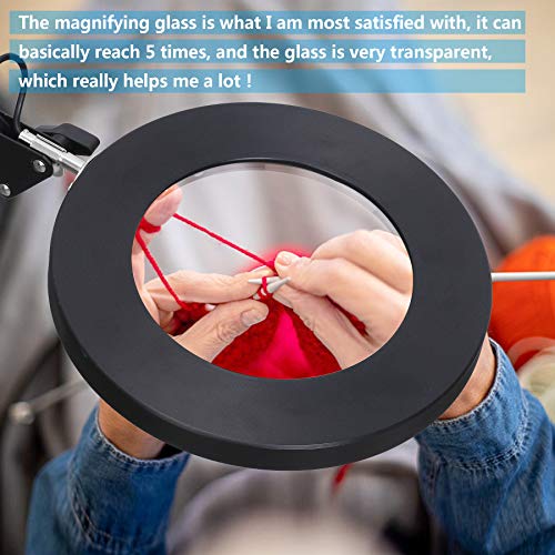 5X Magnifying Glass with Light and Stand, KIRKAS 2-in-1 Real Glass Lens Magnifying Desk Lamp with Clamp, 3 Color Modes, Stepless Dimmable Magnifier Light for Close Work Repair Reading Crafts- Black