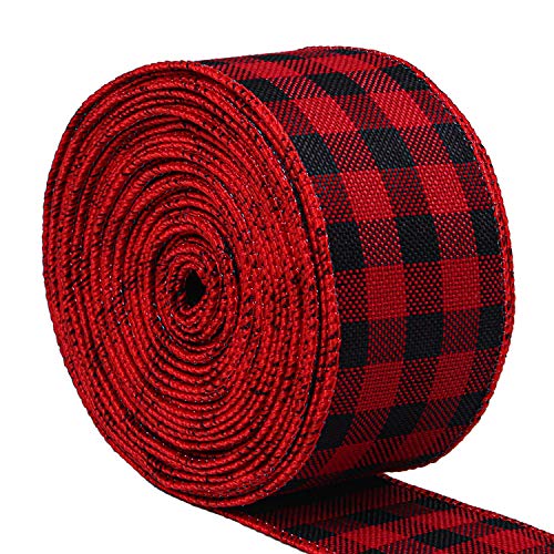 URATOT Red and Black Plaid Burlap Ribbon Christmas Wired Ribbon Wrapping Ribbon for Christmas Crafts Decoration, Floral Bows Craft (5cm x 6m)