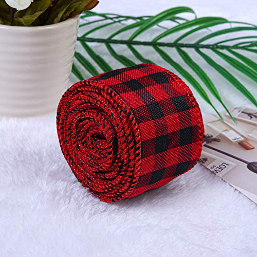 URATOT Red and Black Plaid Burlap Ribbon Christmas Wired Ribbon Wrapping Ribbon for Christmas Crafts Decoration, Floral Bows Craft (5cm x 6m)