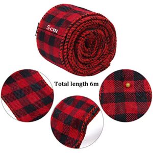 URATOT Red and Black Plaid Burlap Ribbon Christmas Wired Ribbon Wrapping Ribbon for Christmas Crafts Decoration, Floral Bows Craft (5cm x 6m)