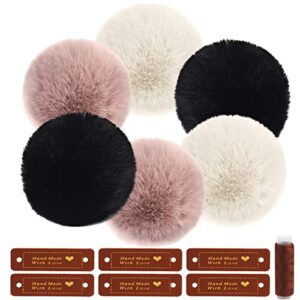 faux fur pom poms for hats, 6pcs pom pom balls with handmade love pu leather tags diy fluffy pompoms for crafts elastic loop sewing thread 3 colors for keychains scarves gloves knitting supplies