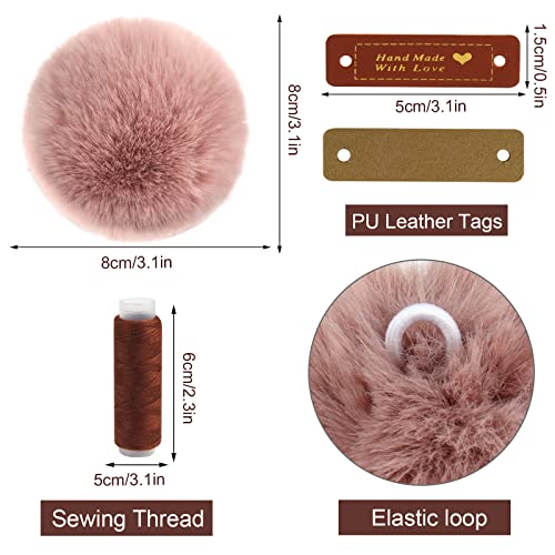 Faux Fur Pom Poms for Hats, 6Pcs Pom Pom Balls with Handmade Love PU Leather Tags DIY Fluffy Pompoms for Crafts Elastic Loop Sewing Thread 3 Colors for Keychains Scarves Gloves Knitting Supplies