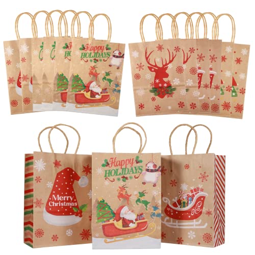 24-Pack Christmas Gift Bags, 6 Designs Christmas Kraft Paper Bags, 8.26x5.9x3.14 Inches with Handles Xmas Gift Bags, Suitable for Holiday Kraft Paper Gift Bags, Christmas Gift Bags, Party Gift Bags