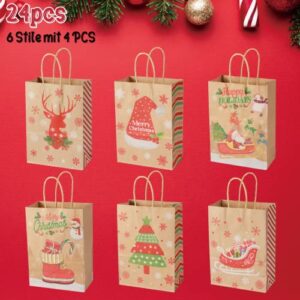 24-Pack Christmas Gift Bags, 6 Designs Christmas Kraft Paper Bags, 8.26x5.9x3.14 Inches with Handles Xmas Gift Bags, Suitable for Holiday Kraft Paper Gift Bags, Christmas Gift Bags, Party Gift Bags