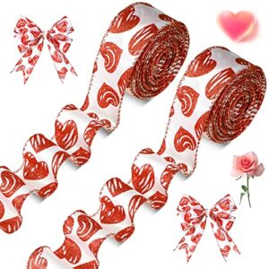 2 roll 20 yards valentine wired ribbon valentines ribbons valentines day glitter love heart pattern satin fabric ribbons for valentine gift wrap diy crafts wedding birthday party decoration 1.5 inch