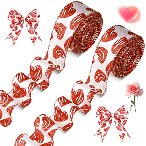 2 Roll 20 Yards Valentine Wired Ribbon Valentines Ribbons Valentines Day Glitter Love Heart Pattern Satin Fabric Ribbons for Valentine Gift Wrap DIY Crafts Wedding Birthday Party Decoration 1.5 Inch