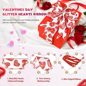2 Roll 20 Yards Valentine Wired Ribbon Valentines Ribbons Valentines Day Glitter Love Heart Pattern Satin Fabric Ribbons for Valentine Gift Wrap DIY Crafts Wedding Birthday Party Decoration 1.5 Inch