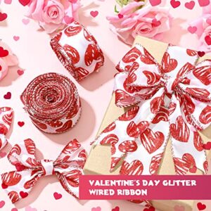 2 Roll 20 Yards Valentine Wired Ribbon Valentines Ribbons Valentines Day Glitter Love Heart Pattern Satin Fabric Ribbons for Valentine Gift Wrap DIY Crafts Wedding Birthday Party Decoration 1.5 Inch