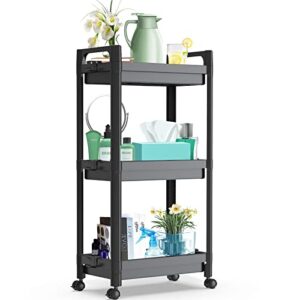 3 tier utility rolling cart, rolling storage cart with lockable caster wheels, detachable bathroom organizer cart with handle, 8 hanging hooks, easy assembly, for kitchen, bathroom, office, black