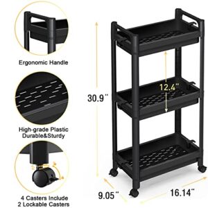 3 Tier Utility Rolling Cart, Rolling Storage Cart with Lockable Caster Wheels, Detachable Bathroom Organizer Cart with Handle, 8 Hanging Hooks, Easy Assembly, for Kitchen, Bathroom, Office, Black