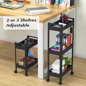 3 Tier Utility Rolling Cart, Rolling Storage Cart with Lockable Caster Wheels, Detachable Bathroom Organizer Cart with Handle, 8 Hanging Hooks, Easy Assembly, for Kitchen, Bathroom, Office, Black