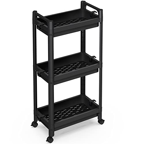 3 Tier Utility Rolling Cart, Rolling Storage Cart with Lockable Caster Wheels, Detachable Bathroom Organizer Cart with Handle, 8 Hanging Hooks, Easy Assembly, for Kitchen, Bathroom, Office, Black