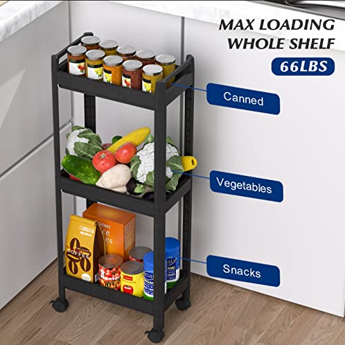 3 Tier Utility Rolling Cart, Rolling Storage Cart with Lockable Caster Wheels, Detachable Bathroom Organizer Cart with Handle, 8 Hanging Hooks, Easy Assembly, for Kitchen, Bathroom, Office, Black