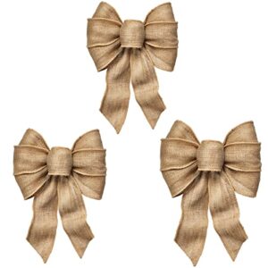 Rocky Mountain Goods 7 Loop Burlap Bow - Pack of 3-12” x 18” Wired Burlap Hand Tie Bow for Wreath, Wedding, Crafts, Christmas Tree, Gifts, Tree Topper, Fall - Indoor/Outdoor Natural Burlap