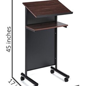 Wheeled Lectern with Storage Shelf - Cherry/Black - Compact Standing Desk for Reading - Laptop Stand