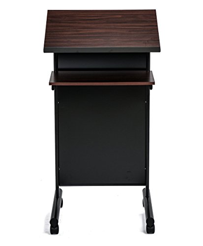 Wheeled Lectern with Storage Shelf - Cherry/Black - Compact Standing Desk for Reading - Laptop Stand