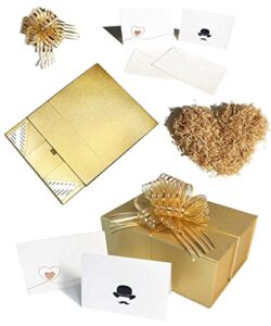 gold gift box with magnetic flap 9.5x7x4’’ inches, pull bow, cards & crinkle cut paper included, for wedding presents, bridesmaid proposal gifts, engagements, holidays, birthday party favors, graduations