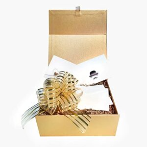 Gold Gift Box with Magnetic Flap 9.5x7x4’’ Inches, Pull Bow, Cards & Crinkle Cut Paper Included, For Wedding Presents, Bridesmaid Proposal Gifts, Engagements, Holidays, Birthday Party Favors, Graduations