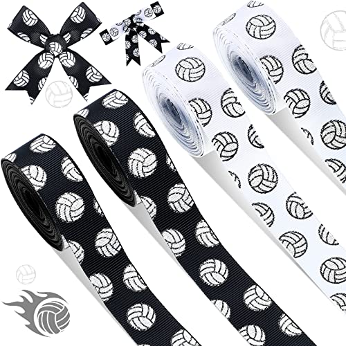 4 Rolls 20 Yards Volleyball Ribbons Glitter Volleyball Decorations Sports Ribbons for Crafts Team Ribbons Grosgrain 7/8-Inch Volleyball Ribbon for Hair Bows Sports,0.88 Inch (Black, White)