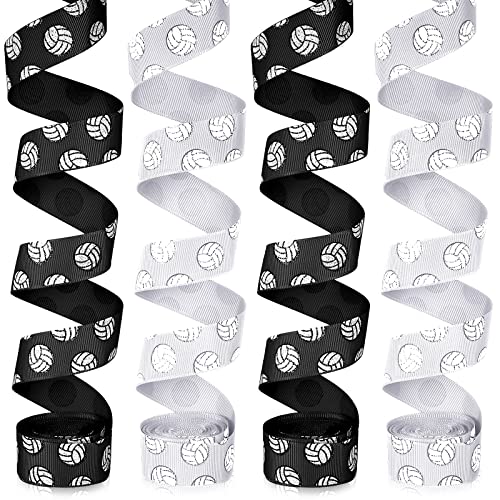 4 Rolls 20 Yards Volleyball Ribbons Glitter Volleyball Decorations Sports Ribbons for Crafts Team Ribbons Grosgrain 7/8-Inch Volleyball Ribbon for Hair Bows Sports,0.88 Inch (Black, White)