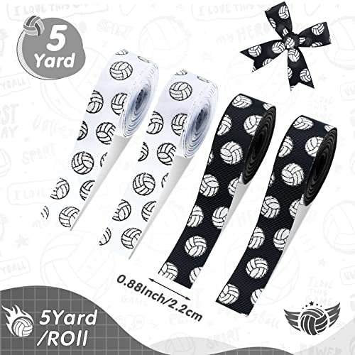 4 Rolls 20 Yards Volleyball Ribbons Glitter Volleyball Decorations Sports Ribbons for Crafts Team Ribbons Grosgrain 7/8-Inch Volleyball Ribbon for Hair Bows Sports,0.88 Inch (Black, White)