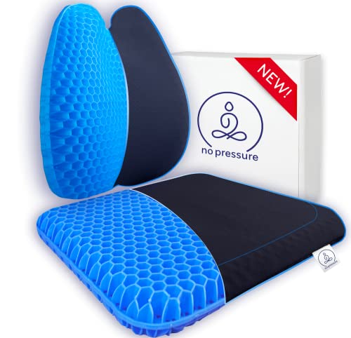 no pressure co™ Premium 100% Gel Cushion Set - Extra Large Wide Gel Seat & Gel Lumbar Support Pillow - Pressure Relief Long Sitting Pain Sciatica - No Sweat Gel for Office Chair Car Seat