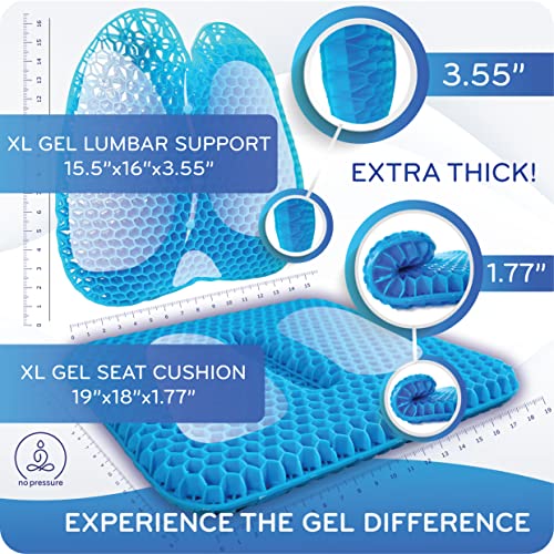 no pressure co™ Premium 100% Gel Cushion Set - Extra Large Wide Gel Seat & Gel Lumbar Support Pillow - Pressure Relief Long Sitting Pain Sciatica - No Sweat Gel for Office Chair Car Seat