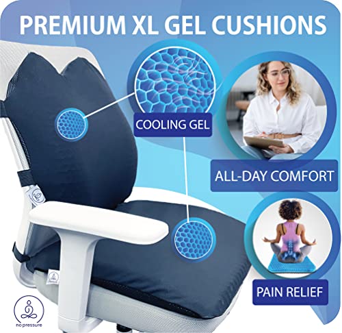 no pressure co™ Premium 100% Gel Cushion Set - Extra Large Wide Gel Seat & Gel Lumbar Support Pillow - Pressure Relief Long Sitting Pain Sciatica - No Sweat Gel for Office Chair Car Seat