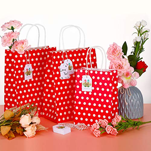 Zonon 25 Pieces Kraft Paper Bags with Tags Red Kraft Paper Bags with Handles, Red Polka Dot Paper Bags with Handles Valentines Favor Bags, Paper Present Bags for Valentines Day Party Supplies