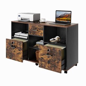 oqefuoe wood file cabinet with lock, 3 drawer office storage cabinet printer stand mobile lateral filing cabinet with 4 open shelves for home office, rustic brown