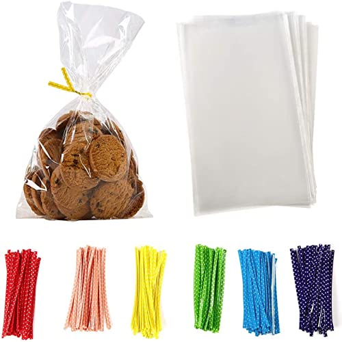 100 Pcs 8 in x 6 in Clear Flat Cello Cellophane Treat Bags Good for Bakery,Popcorn,Cookies, Candies,Dessert 1.4mil.Give Metallic Twist Ties!