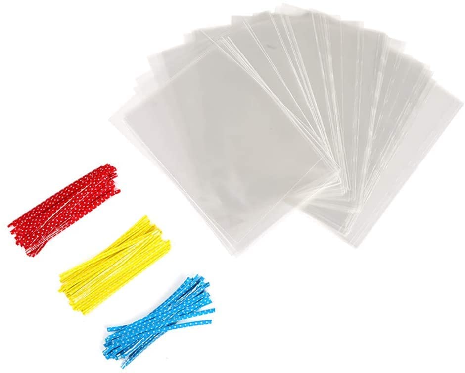 100 Pcs 8 in x 6 in Clear Flat Cello Cellophane Treat Bags Good for Bakery,Popcorn,Cookies, Candies,Dessert 1.4mil.Give Metallic Twist Ties!