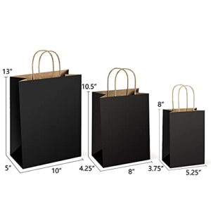 UCGOU Gift Bags 5.25x3.75x8 & 8x4.25x10.5 & 10x5x13 Inches Mixed Size 75PCS Total - 25PCS Each Black Kraft Paper Bags with Handles Shopping Bags Party Favor Bags Goodie Bags