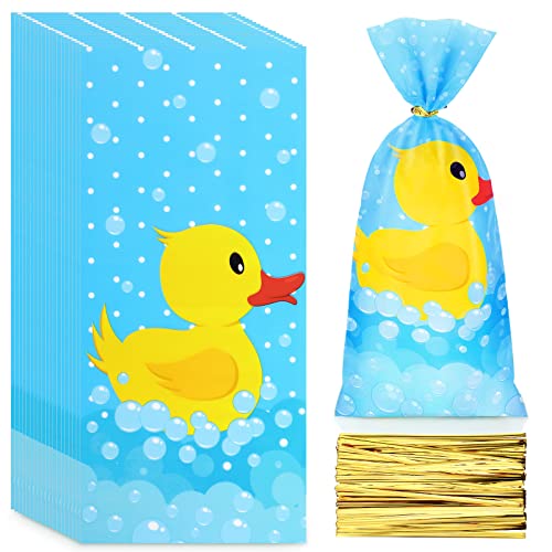 100 Pieces Yellow Duck Cellophane Treat Bags Duck Candy Bags Goodie Bags Birthday Party Favors Bags with 100 Pieces Gold Twist Ties for Baby Shower Birthday Rubber Duck Party Favors Decorations