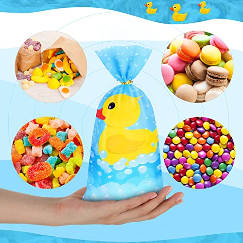 100 Pieces Yellow Duck Cellophane Treat Bags Duck Candy Bags Goodie Bags Birthday Party Favors Bags with 100 Pieces Gold Twist Ties for Baby Shower Birthday Rubber Duck Party Favors Decorations