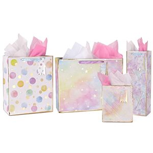 4 pack gift bags assorted sizes large medium small paper bags with handles & tissue paper reusable colorful polka dots stripes stars pattern favor gags for party, birthday, mother’s day, wedding any occasion