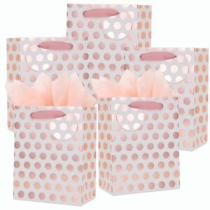 uniqooo 12pcs christmas metallic rose gold gift bags bulk with tag, medium 9×7 inch, modern pink polka dots foil paper wrap bags, for wedding, birthday, valentine’s day, mother’s day gift packaging décor party favor