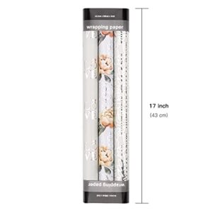 LeZakaa Silver Wrapping Paper Roll - Mini Roll - Flower & Love and Ring with Metallic Foil Design for Wedding, Engagement,Bridal Shower - 17 x 120 inches, 3 Rolls (42.5 sq.ft.ttl.)