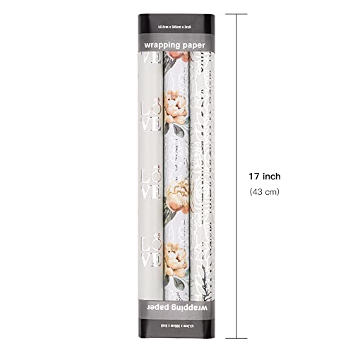 LeZakaa Silver Wrapping Paper Roll - Mini Roll - Flower & Love and Ring with Metallic Foil Design for Wedding, Engagement,Bridal Shower - 17 x 120 inches, 3 Rolls (42.5 sq.ft.ttl.)