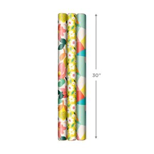 Hallmark Reversible Wrapping Paper (3 Rolls: 75 Sq. Ft. Ttl) Floral, Lemons, Bright Abstract for Birthdays, Easter, Mother's Day, Bridal Showers, Baby Showers