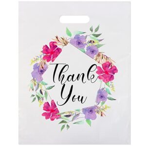popgiftu floral thank you plastic bags 50 pack 12″ x 15″ thank you bags for small business, thank you shopping bags with handles, for boutique, retail, gift bags, clothes, party favors