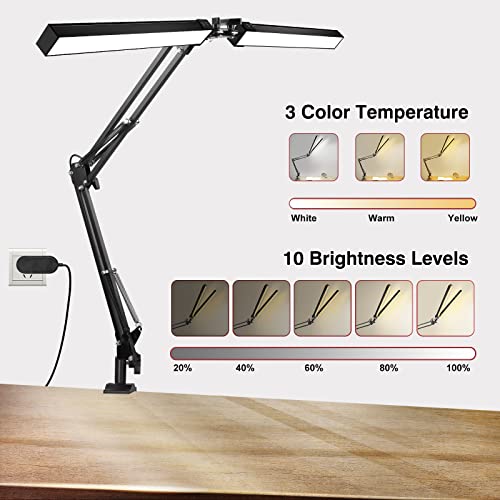 2-in-1 LED Desk Lamp, 24W Brightestwith Table Lamp with Clamp, Desk Light with Flexible Swing Arm,3 Color Modes Stepless Dimmable Double Head Architect Desk Lamps for Home Office Workbench Reading