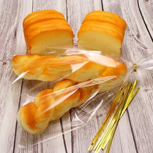 Mini Skater 8" x 12" Clear Treat Bags OPP Cello Cellophane Flat Bag With 50Pcs Gold Color Twist Ties For Wedding Gift Candy Cookie Bakery Bread Dessert, 50Pcs