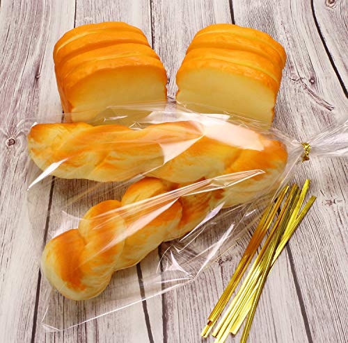 Mini Skater 8" x 12" Clear Treat Bags OPP Cello Cellophane Flat Bag With 50Pcs Gold Color Twist Ties For Wedding Gift Candy Cookie Bakery Bread Dessert, 50Pcs