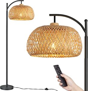 bamboo floor lamp rattan for living room,bedroom,farmhouse,boho standing lamp with control and dimmable bulb,hand-worked woven lamp shades,black industrial floor light adjustable corner tall lamp