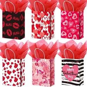 24 pcs valentines day gift bag valentines kraft paper bags with red tissue paper heart shaped treat goodies bag wrapping for wedding valentines party favor decorations kids classroom exchange prizes
