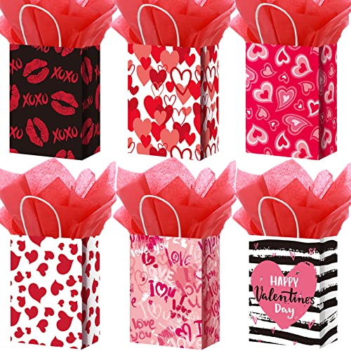 24 Pcs Valentines Day Gift Bag Valentines Kraft Paper Bags with Red Tissue Paper Heart Shaped Treat Goodies Bag Wrapping for Wedding Valentines Party Favor Decorations Kids Classroom Exchange Prizes