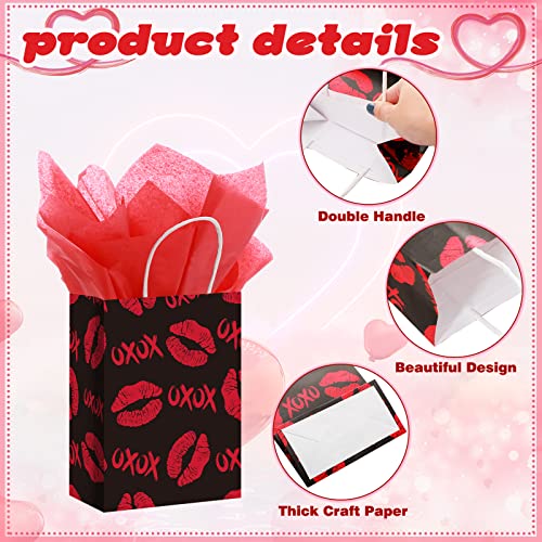 24 Pcs Valentines Day Gift Bag Valentines Kraft Paper Bags with Red Tissue Paper Heart Shaped Treat Goodies Bag Wrapping for Wedding Valentines Party Favor Decorations Kids Classroom Exchange Prizes