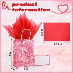 24 Pcs Valentines Day Gift Bag Valentines Kraft Paper Bags with Red Tissue Paper Heart Shaped Treat Goodies Bag Wrapping for Wedding Valentines Party Favor Decorations Kids Classroom Exchange Prizes